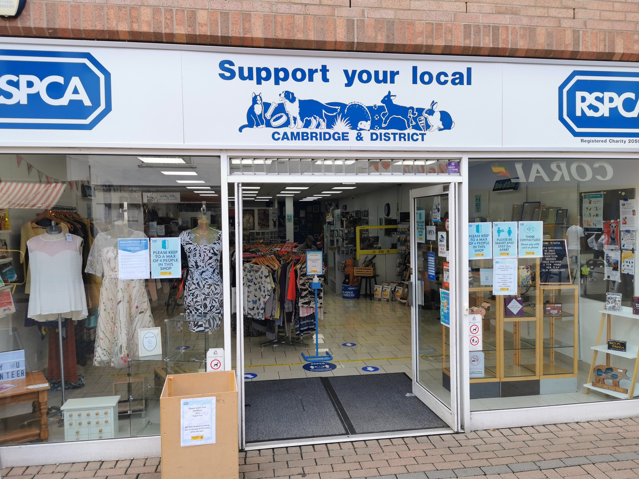 A photo of the entrance to the RSPCA Cambridge charity shop on Burleigh Street